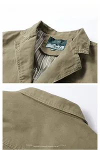 Detail of khaki twill jacket showing classic lapel structure and mountain pattern label