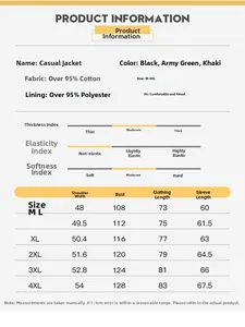 Size chart detail for men's hooded cargo jacket featuring measurements from M to 4XL