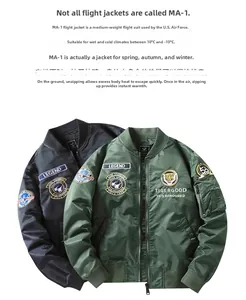 Detailed embroidery patches on MA-1 flight jackets in black and olive green colors