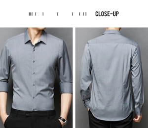 Front and back view of men's slim fit long sleeve business shirt in textured grey