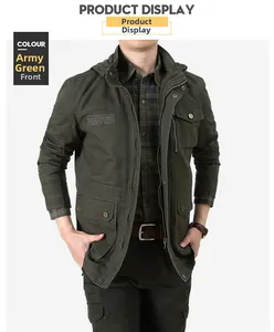 Detail of army green hooded cargo jacket featuring utility pockets and chest embroidery