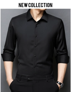 Close-up of slim fit black men's dress shirt featuring a classic collar and smooth fabric