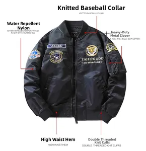 Detail of heavy-duty metal zipper and knitted baseball collar on tiger bomber jacket