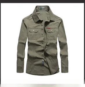 Detailed front view of men's army green cotton shirt with double chest pockets and labels