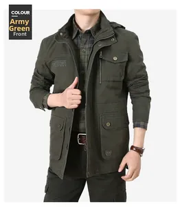 Detailed front view of army green cargo jacket showing multiple pockets and military style