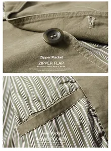 Detail of olive green jacket with stripe lining, zipper placket and inner pocket