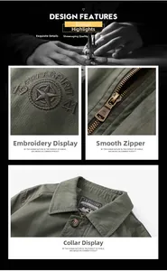 Detailed views of army green cotton jacket featuring star embroidery and metal zipper