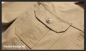 Detail of khaki outdoor jacket showing double-stitched flap pocket and fashion button