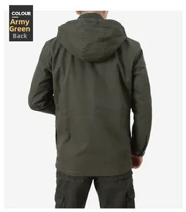 Back view of army green hooded cargo jacket with decorative stitching and functional hood