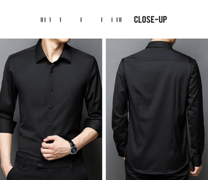 Close-up of black men's long sleeve business shirt showing fabric texture and buttons
