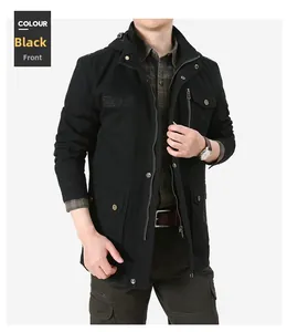 Front view of black hooded cargo jacket with multi-pocket design and zip closure
