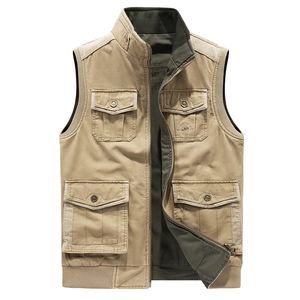 Gilet de plein air en coton kaki pour hommes avec multi-poches et fermeture éclair
