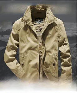 Close-up of khaki cotton jacket showing metal zipper and 1941 printed chest detail