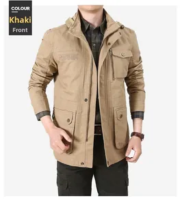 Front detail of khaki military cargo jacket showing multi-pocket design and heavy canvas texture