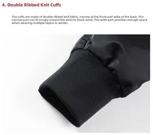 Detail of windproof black MA1 flight jacket showing ribbed cuffs and textile texture