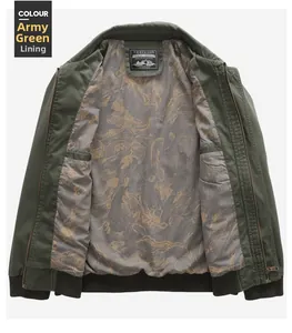 Detail view of military green cotton jacket with patterned lining and metal zipper