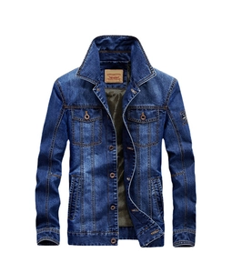 Men's dark blue heavy denim jacket with standing collar and multi-pocket design