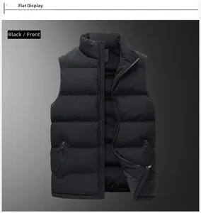 Vue avant à plat d'un gilet matelassé noir pour homme avec col montant pour l'hiver