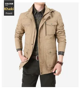 Detail of khaki military style work jacket with multi-pocket design and standing collar