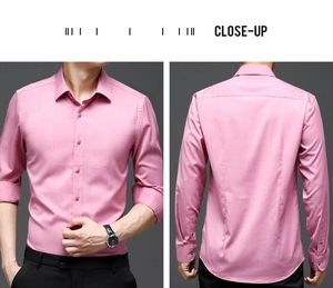 Detailed front and back views of a slim-fit men's business shirt in soft rose pink