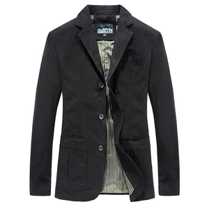 Men's casual black blazer jacket with three-button closure and green striped collar lining
