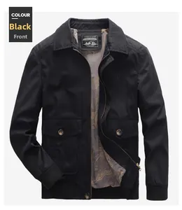Close-up of a black cotton cargo jacket with classic collar, zipper and buttoned pockets