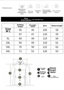 Größentabelle für Herrenjacke mit Maßen von M bis 4XL und wichtigen Pflegehinweisen