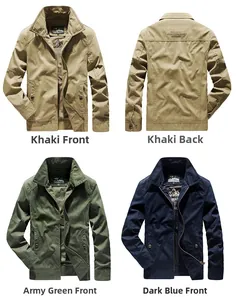 Detail view of cotton outdoor jackets in khaki, army green and navy blue colors