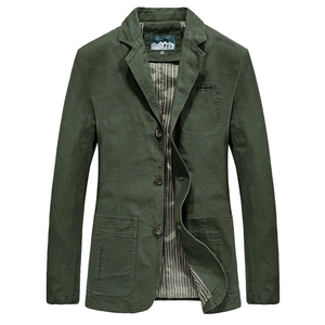 Men's dark green casual cotton blazer jacket with three-button closure and notch lapels