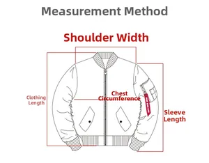 Size guide diagram showing shoulder width, chest, length, and sleeve measurements for MA1 jacket