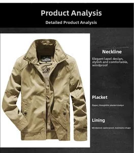 Detail view of khaki military jacket showing stand collar and smooth metal zipper closure