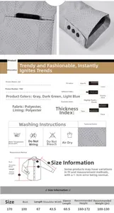 Detailed size chart and material specifications for slim fit men's casual blazer jacket