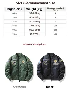 Detailed size chart for the tiger embroidery bomber jacket in green and black