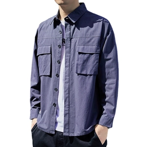 Men's casual long sleeve slim fit grey blue work shirt with dual chest pockets