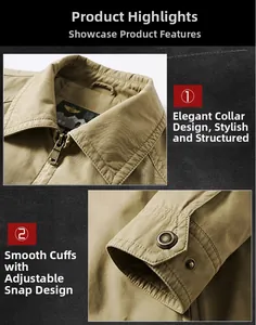 Detail of khaki cotton jacket showing classic lapel, metal zipper, and adjustable snap cuffs
