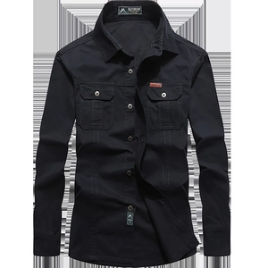 Men Cotton Cargo Long Sleeve Shirt Outdoor Casual Utility Work Shirt With Double Pockets Turn-down Collar Solid Color