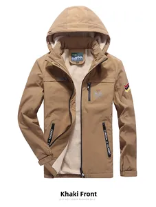 Detail of khaki men's jacket showing soft beige fleece lining and embroidered chest logo