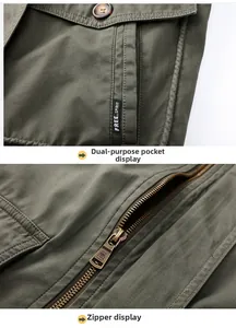 Detailed view of the multi-functional pockets and metal zipper on this olive cotton jacket