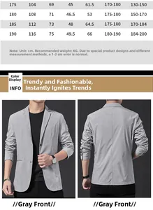 Detailed size chart for men's casual slim fit jacket with height and weight measurements