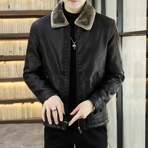 Veste en Cuir PU pour Homme Avec Col en Fourrure Amovible Doublure Polaire Manteau d'Hiver Chaud Coupe Ajustée Casual