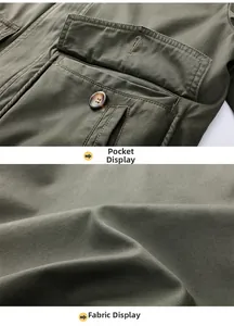 Detail of army green cotton jacket showing side pockets with buttons and twill fabric