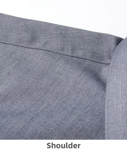 Detailed view of grey fabric shoulder stitching on this men slim fit business shirt