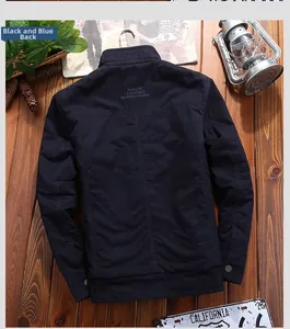 Detailed back view of a men's navy blue casual jacket with fashion embroidery on the back