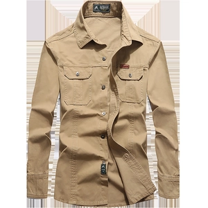 Men's khaki long sleeve cotton work shirt with double chest pockets and lapel collar