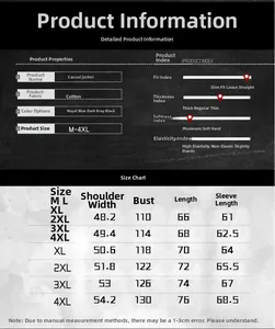 Detailed size chart for men's casual cotton outdoor jackets showing M to 4XL dimensions