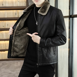 Veste en cuir pour homme avec doublure épaisse en fausse fourrure et col en peluche