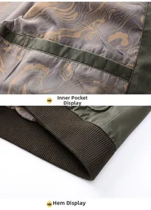 Detailed view of green cotton jacket lining with printed inner pocket and ribbed hem