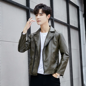 Men's slim fit olive green leather jacket with lapel and metal rivet details