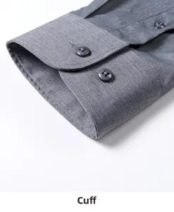 Close-up of grey men's dress shirt cuff with two buttons and fine stitching details