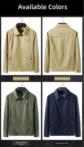 Detail view of cotton work jackets in khaki, army green, and dark blue with print